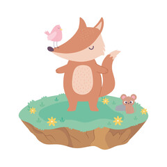 cute fox bird and mouse animals adorable with flowers cartoon