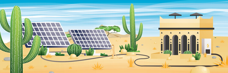 Solar Energy Concept. Deserted Landscape with Sandy Building. Two Solar Panels and Plants.