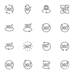 360 degree view line icons set, outline vector symbol collection, linear style pictogram pack. Signs, logo illustration. Set includes icons as 360 Arrows for Virtual Reality