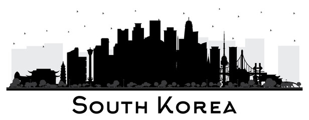 South Korea City Skyline Silhouette with Black Buildings Isolated on White.