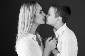 Mother and son. Black and white photo. High quality photo