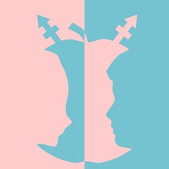 Transgender transsexual concept. Unconventional sexual orientation. Optical illusion. Human head make silhouette of fruit