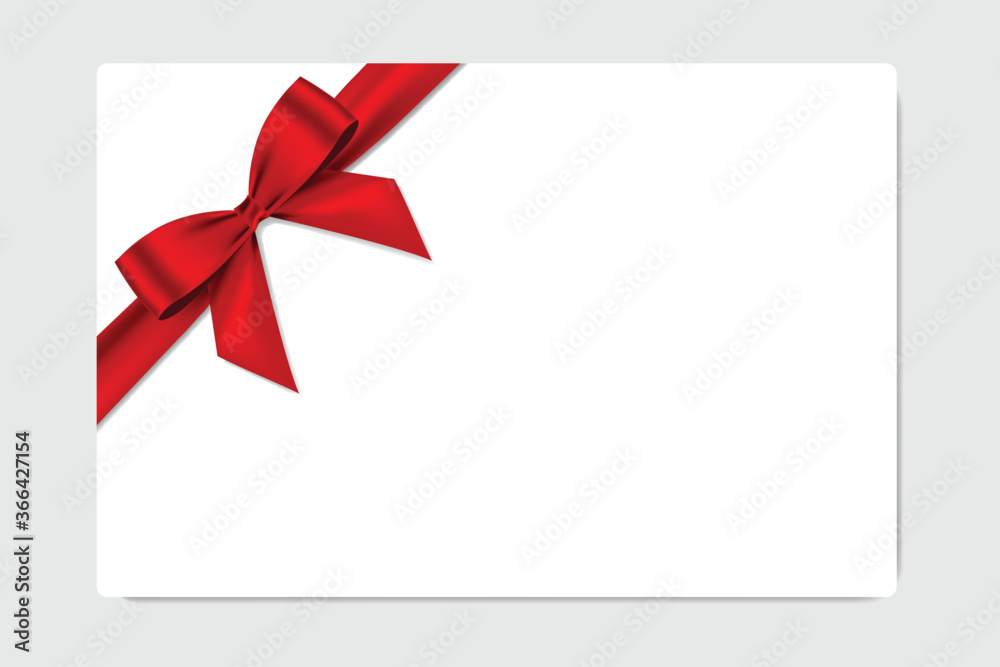 Poster blank gift card with red bow and ribbon realistic shiny satin vector template design for your busine