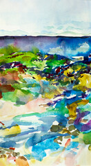 Watercolor Sketch with picturesque landscape of seashore and clouds, painted on paper. Raw colorful abstract aquarelle painting. Contemporary fine art.