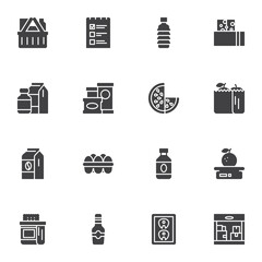Grocery vector icons set, modern solid symbol collection, filled style pictogram pack. Signs, logo illustration. Set includes icons as shopping basket, dairy products, egg, fruit package, water bottle