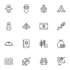 Judaism related line icons set, jewish hanukkah outline vector symbol collection, linear style pictogram pack. Signs, logo illustration. Set includes icons as Israel flag, torah book, david star