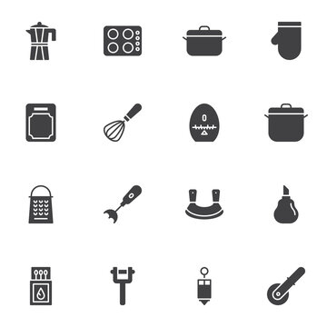 Kitchenware vector icons set, kitchen utensils modern solid symbol collection, filled style pictogram pack. Signs, logo illustration. Set includes icons as coffee pot, saucepan, mixer, cutting board