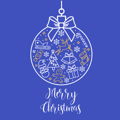 ball with bow and patterns of different funny holiday pictures with text Merry Christmas on deep blue background