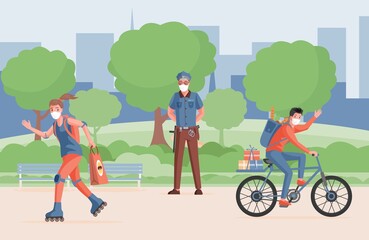 Obraz na płótnie Canvas Protective measures against Coronavirus disease. People walking outdoor in protective masks. Police officer, girl riding on roller skates, and boy shipping goods vector flat illustration.