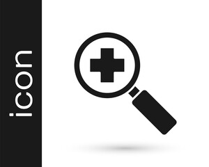 Grey Magnifying glass for search medical icon isolated on white background. Hospital search. Vector Illustration.