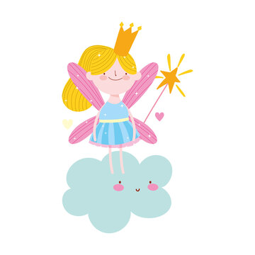 cute little fairy with crown and magic wand standing on cloud cartoon