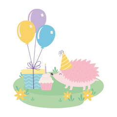 happy birthday, cute hedgehog with gift cupcake and balloons celebration decoration cartoon