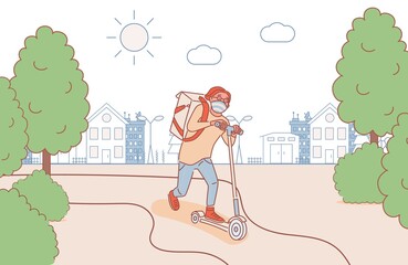 Young man in medical face mask riding on scooter outdoor and deliver products vector cartoon outline illustration. Courier or volunteer delivery during Coronavirus outbreak.