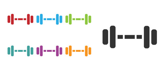 Black Dumbbell icon isolated on white background. Muscle lifting icon, fitness barbell, gym, sports equipment, exercise bumbbell. Set icons colorful. Vector Illustration.