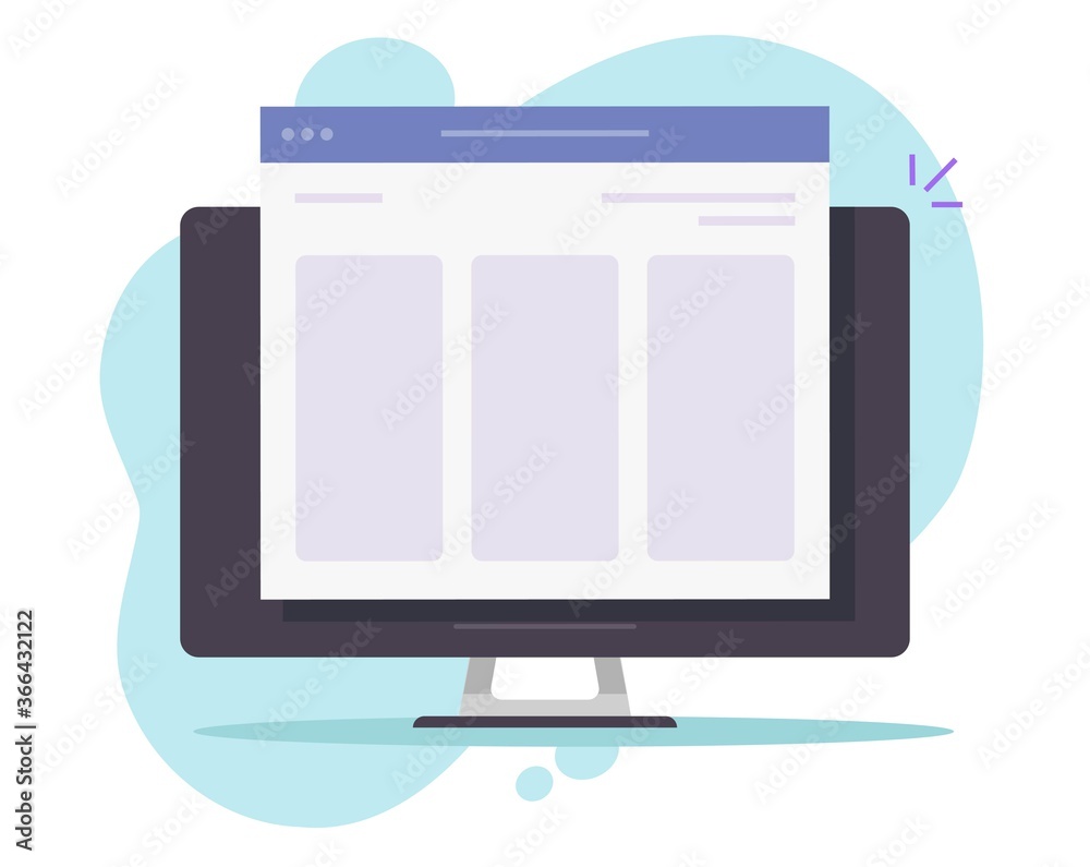 Poster website in browser window on desktop computer or web site page layout on pc screen vector flat carto