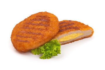 Fried chicken Cordon bleu with cheese in breadcrumbs, isolated on white background