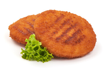 Fried Chicken Cordon bleu in breadcrumbs, isolated on a white background