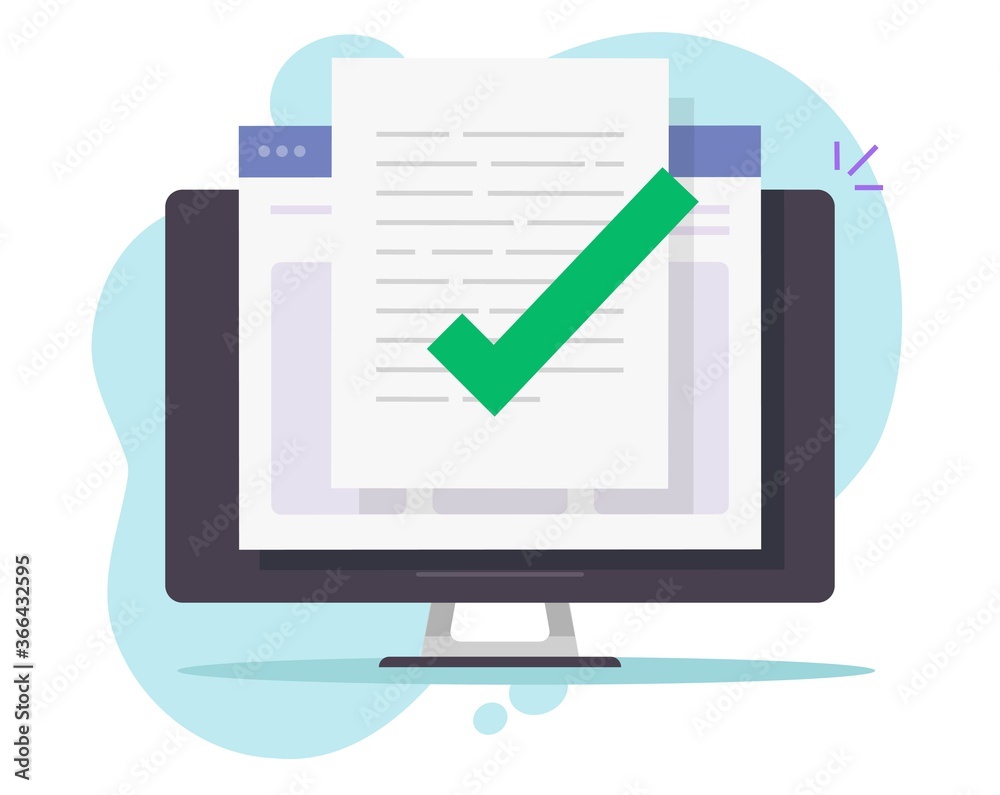 Poster approved confirmed document file check online on desktop computer or pc quality control of text writ