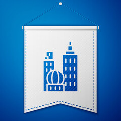 Fototapeta premium Blue City landscape icon isolated on blue background. Metropolis architecture panoramic landscape. White pennant template. Vector Illustration.