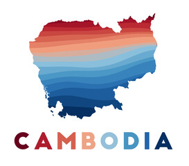 Cambodia map. Map of the country with beautiful geometric waves in red and blue colors. Vivid Cambodia shape. Vector illustration.