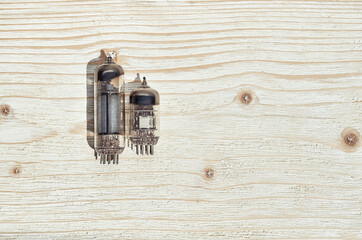 small vacuum glass electronic retro light bulb on the wooden background