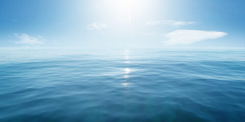 Closeup surface of calm ocean blue sea water with sunshine and clouds behind. Abstract Background...