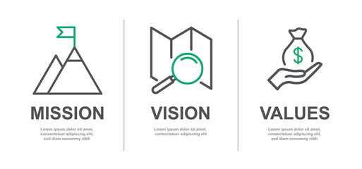 Mission, Vision and Values of company with text. Web page template. Modern flat design. Abstract icon. Purpose business concept. Mission symbol illustration. Abstract eye. Business presentation V3 © Andrii
