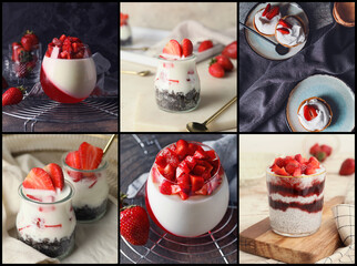 Collage of photos with tasty strawberry desserts