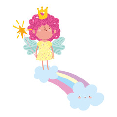 cute little fairy with crown standing on rainbow cartoon