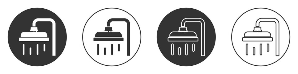 Fototapeta premium Black Shower head with water drops flowing icon isolated on white background. Circle button. Vector Illustration.