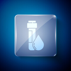 White Test tube with water drop icon isolated on blue background. Square glass panels. Vector Illustration.