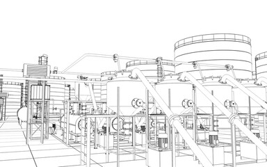 oil refinery, chemical production, waste processing plant, contour visualization, 3D illustration, sketch, outline