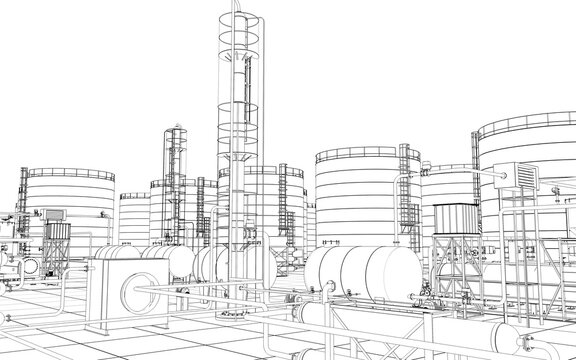 Oil Refinery, Chemical Production, Waste Processing Plant, Contour Visualization, 3D Illustration, Sketch, Outline