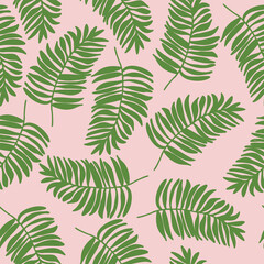 Seamless exotic pattern with tropical leaves on a pink background. Vector illustration.
