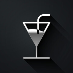 Silver Cocktail icon isolated on black background. Long shadow style. Vector Illustration.