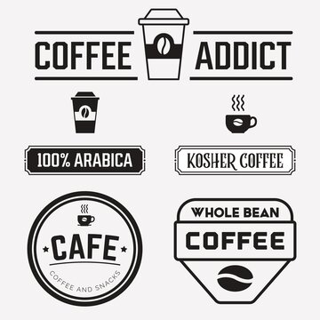 Coffee labels and badges vector set. Paper cup, cafe print typography and logo design. Latte cup, espresso, kosher badge and arabica whole bean.