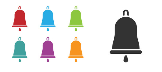 Black Ringing bell icon isolated on white background. Alarm symbol, service bell, handbell sign, notification symbol. Set icons colorful. Vector Illustration.
