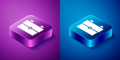 Isometric School backpack icon isolated on blue and purple background. Square button. Vector Illustration.