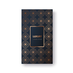 Vector packaging templates with different gold geometric pattern for luxury products, story of social media, invitation, cosmetics, chocolate, wine. Isolated on black, blue background.