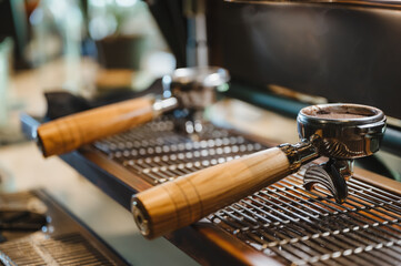 Portafilter with coffee machine in coffee cafe, vintage filter image