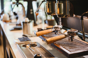 Portafilter with coffee machine in coffee cafe, vintage filter image