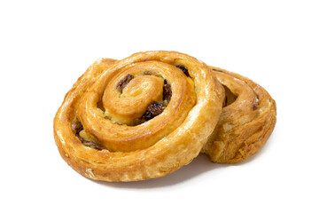 Fototapeta premium Sweet round buns with raisins on a white background