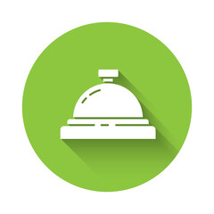 White Hotel service bell icon isolated with long shadow. Reception bell. Green circle button. Vector Illustration.