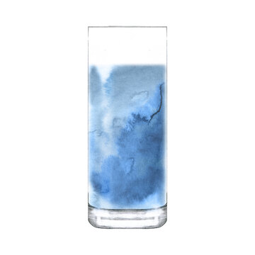 High ball glass of drinking water isolated on white. Hand drawn illustration of cup with beverage. Pencil sketch of glassware. Design element for bar and restaurant menu, recipes, flyers.