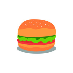 Cartoon hamburger with cheese, tomato and salad. Isolated on white background. Vector illustration. Design for banner, poster, card, print, menu.