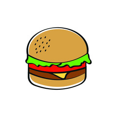 Cartoon hamburger with cheese, tomato and salad. Isolated on white background. Vector illustration. Design for banner, poster, card, print, menu.