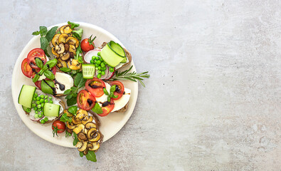 Plate with assortment vegetarian rye bread toasts. Banner with side border.