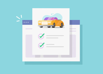 Car or vehicle auto insurance online policy document checklist on website or internet automobile loan finance agreement check list vector flat cartoon illustration, idea of web coverage contract icon