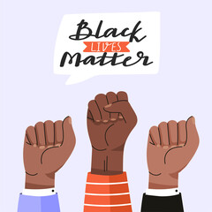 Obraz premium Black lives matter concept design. Protest illustration with fists and lettering phrase. Fighting for equality. Vector social poster, banner etc.