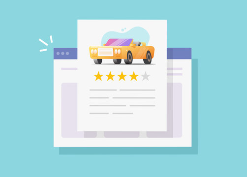 Car review reputation text online website or automobile testimonial feedback and customer rating internet web page vector flat cartoon, vehicle rental shop rank or test drive auto access modern